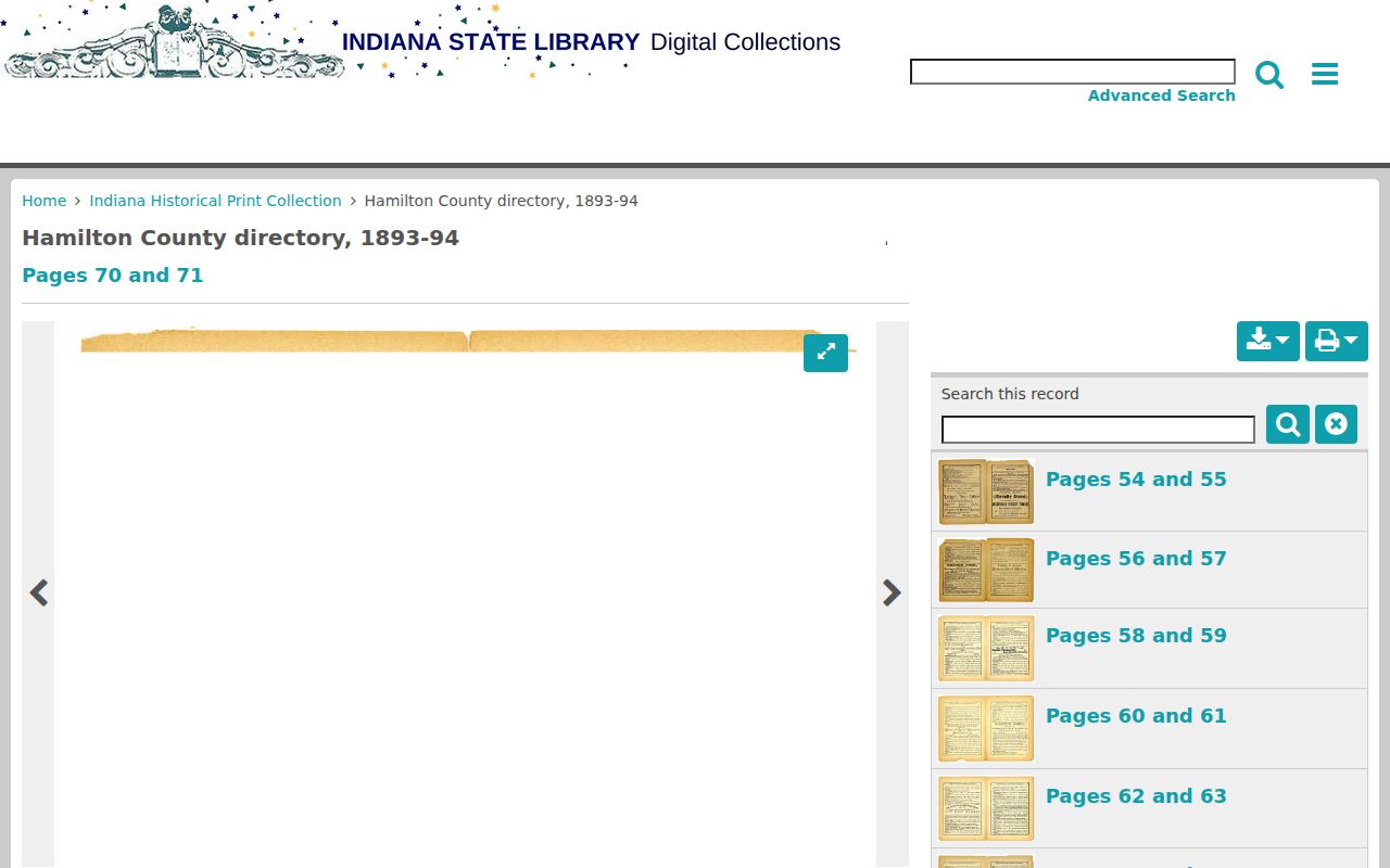 Indiana Memory record for the Hamilton County Directory 1893–94 used in Westfield research