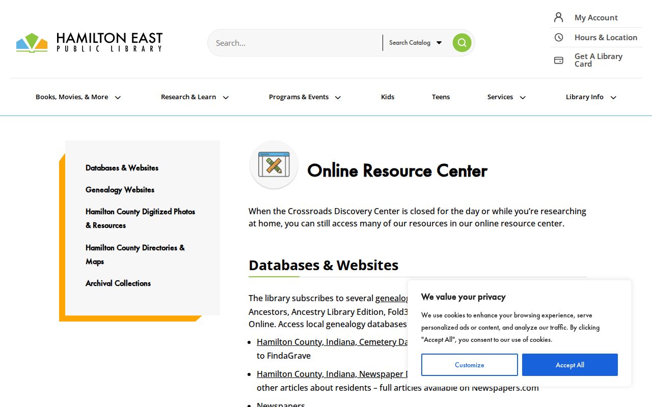 Crossroads Discovery Center online local history resources for Westfield city directory research