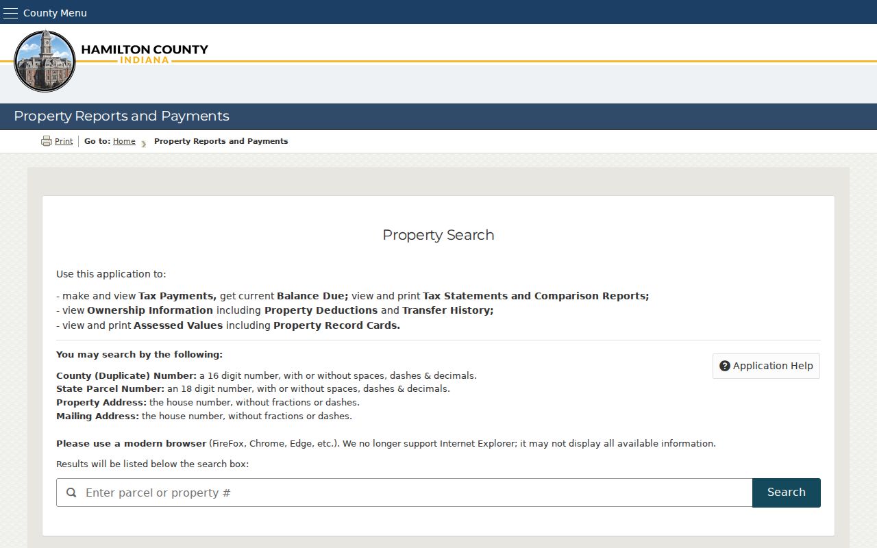Hamilton County property report search used for Westfield addresses