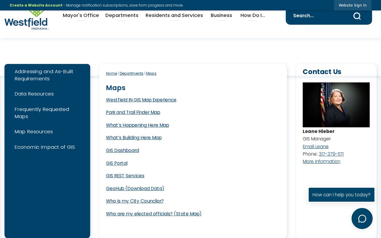Westfield GIS maps page used to browse streets and public parcel context