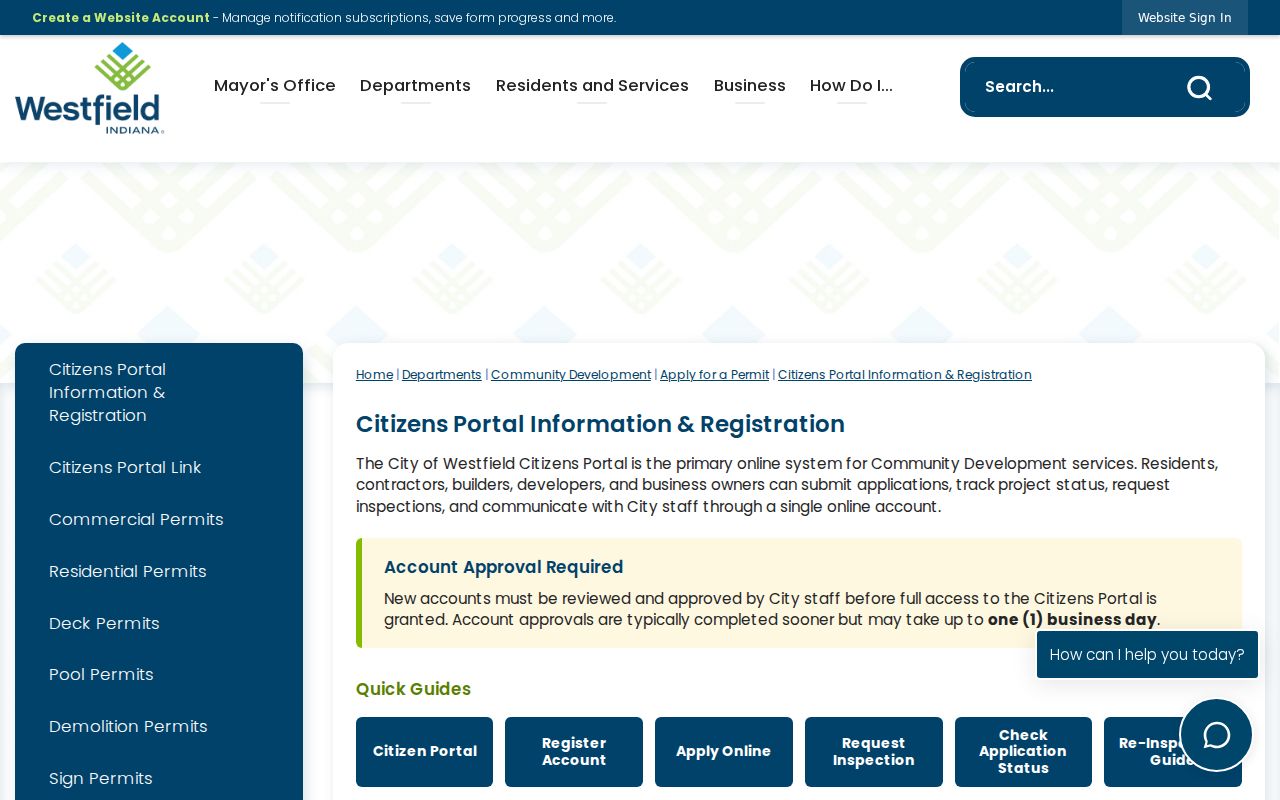 Westfield Citizens Portal information for permits and address-dated project records